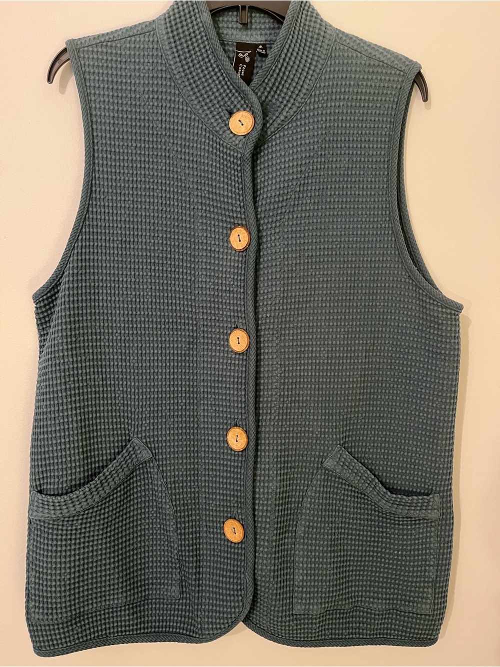 Focus Waffle Knit Cotton Boho Button Vest in Blue with Wooden Buttons Sz M